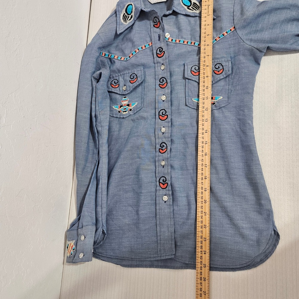 Vtg Wrangler Western Button Shirt Embroidered Kachina Thunderbird chambray READ - Picture 11 of 11